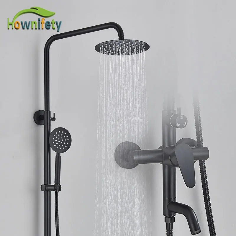 Schwarzes Edelstahl-Duscharmatur-Set, Rund, Regendusche, Drehbar, Badewannenarmatur, Heiß-Kalt-Mischer, Badezimmersysteme, 20,3 Cm, Ultradünn