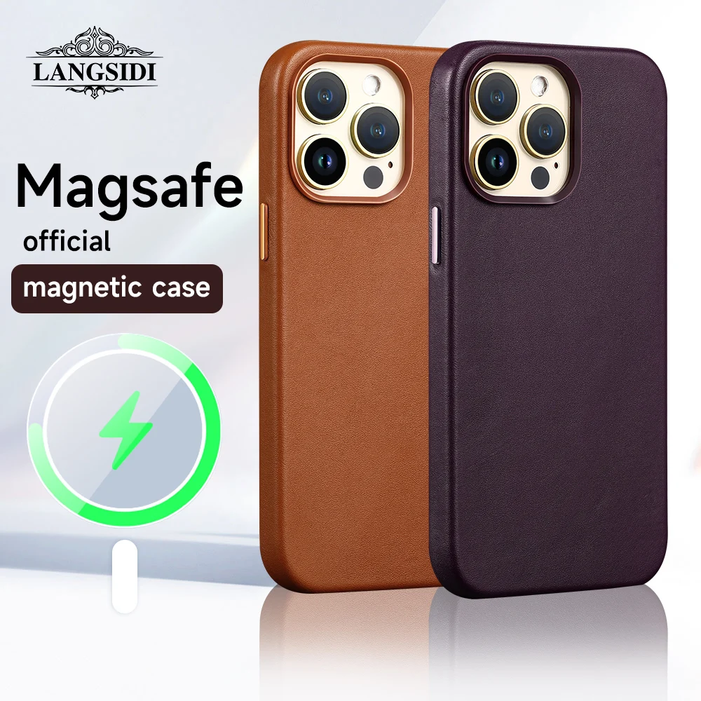 

LANGSIDI Original Genuine leather Magsafe Case for iPhone 14 13 Pro Max 14pro 14 plus Luxury Wireless Charging magnetic Cover