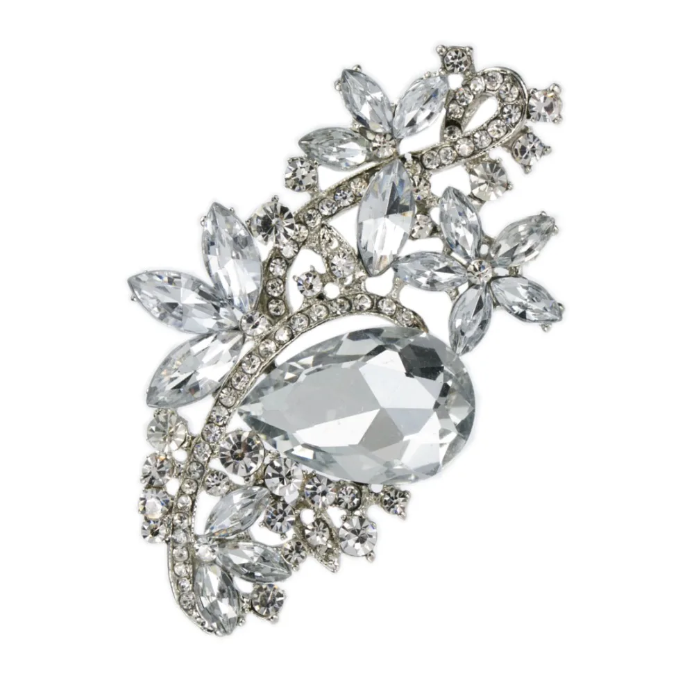 

3.15 Inch Rhodium Silver Plated Clear Rhinestone Diamante Wedding Brooch with Glass Crystals