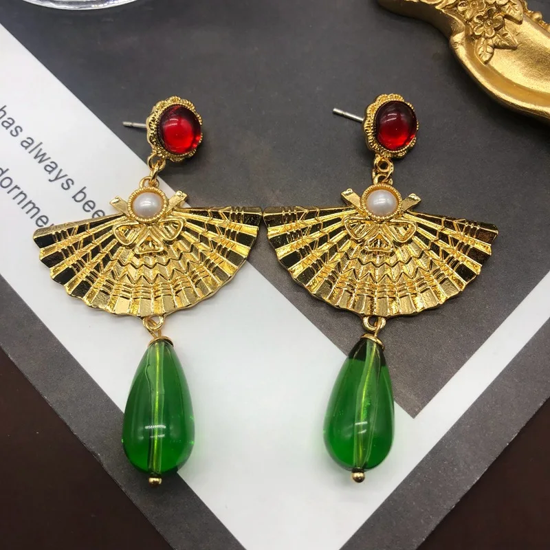 European and American retro water drop glass pendant fan shaped earrings