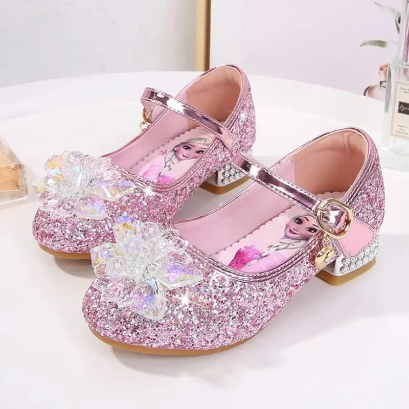 

Disney Little Girls Frozen Aisha Girls High-heeled Shoes Children Cartoon Princess Elsa Glitter Shoes Cute Girls Crystal shoes