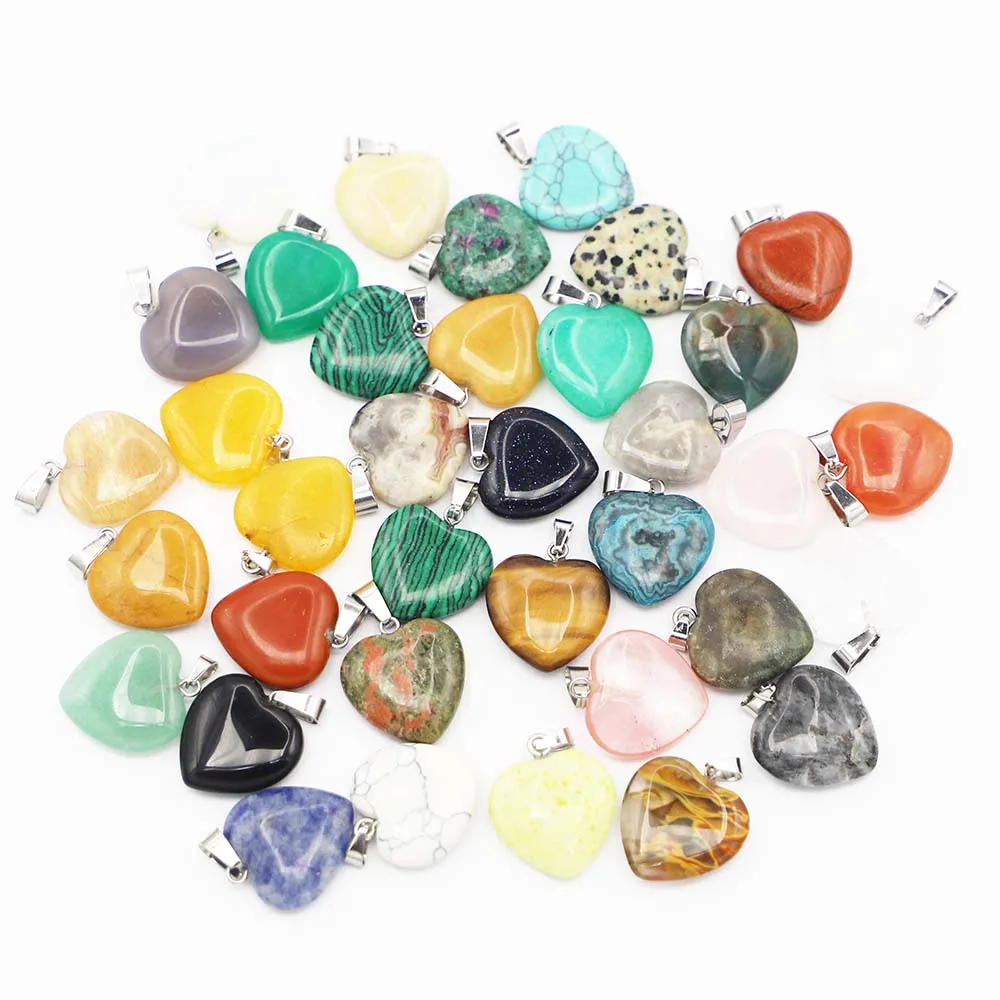 Assorted Fashion Mixed Color Natural&Synthetic Stone Heart Pendant Charm Necklace For Women Jewelry Making 20mm 50pcs Wholesale