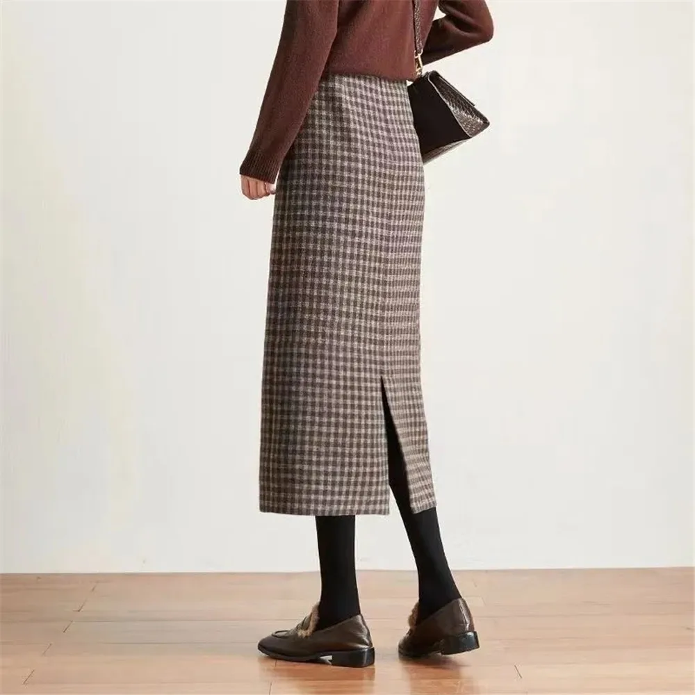 Y2k Slim Classic Plaid Midi Skirts Women Autumn Vintage Elegant Office Behind Slit Design All-match Harajuku Chic Fashion Skirts 6