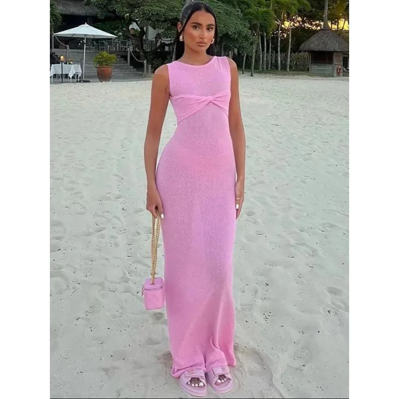

Women's Knitted Round Neck Ruched Maxi Dress, Sleeveless, See Through, Skinny, Elegant Party Beachwear, Summer