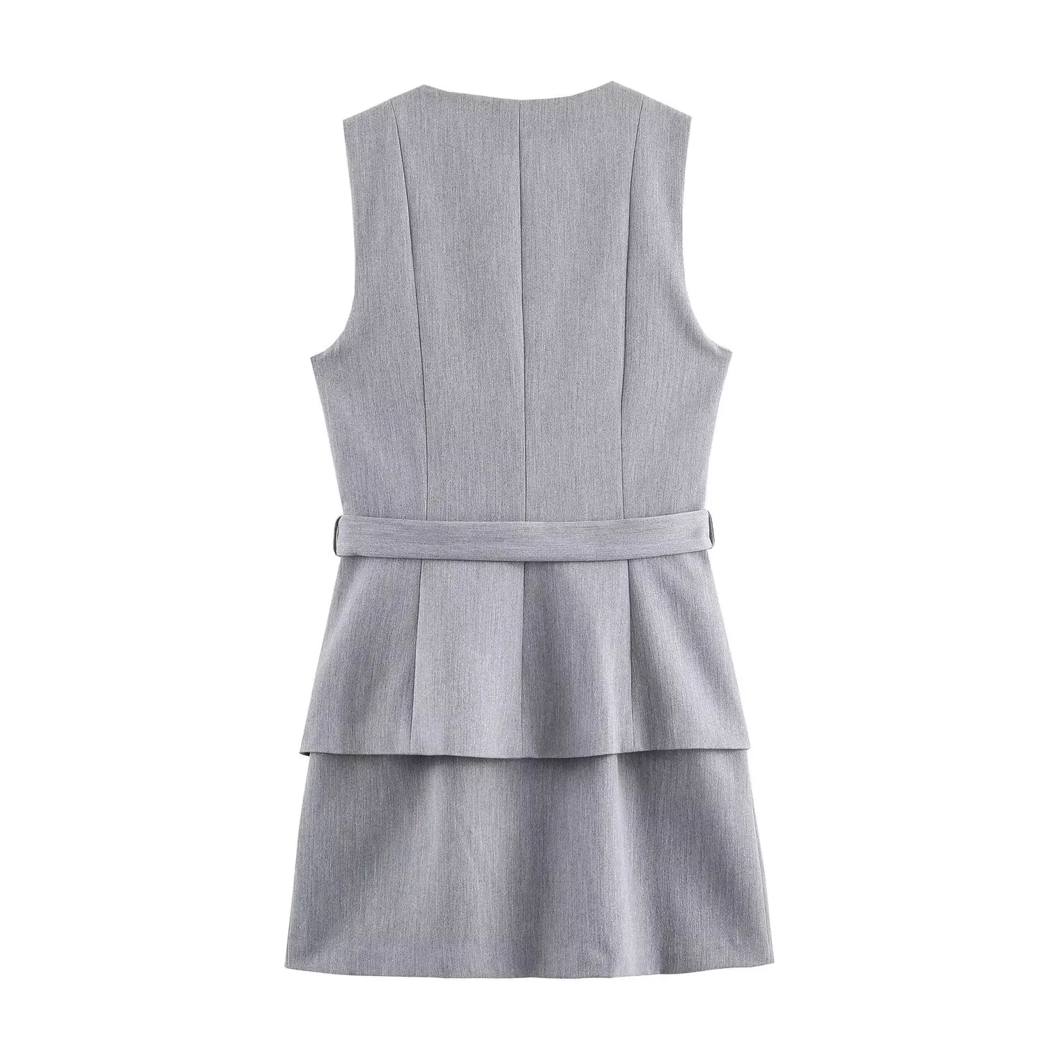 Women Elegant High-End Gray Mini Dress Female O-Neck Single Breasted With Belt Fake Two Piece Short Skirt Commuting Vest Skirt