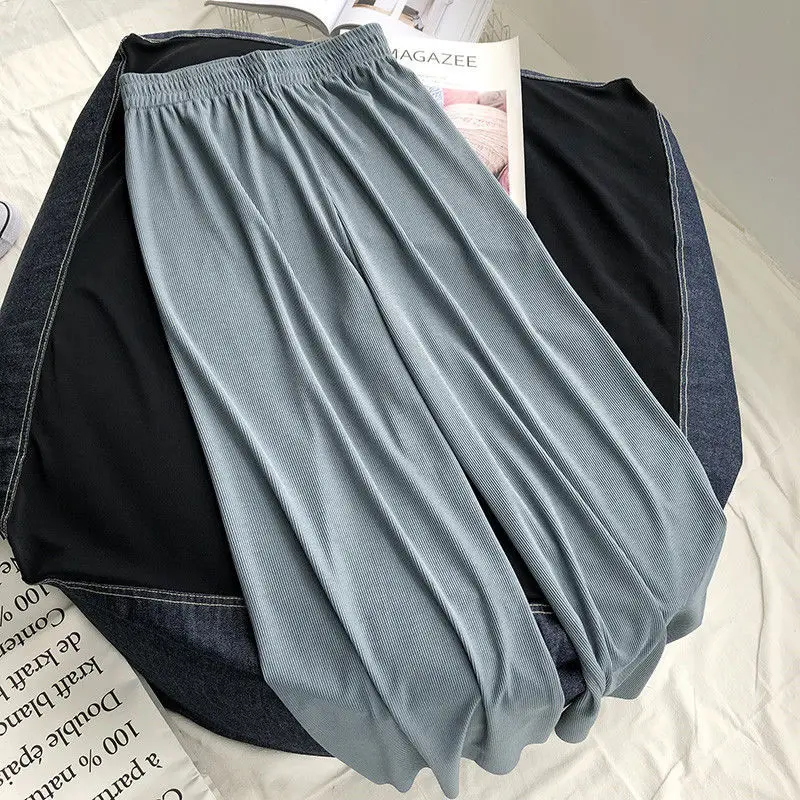 Summer New Oversize Solid Color Ice Silk Fabric Wide Leg Trousers Women High Street Elastic Waist High Waist Ankle Length Pants