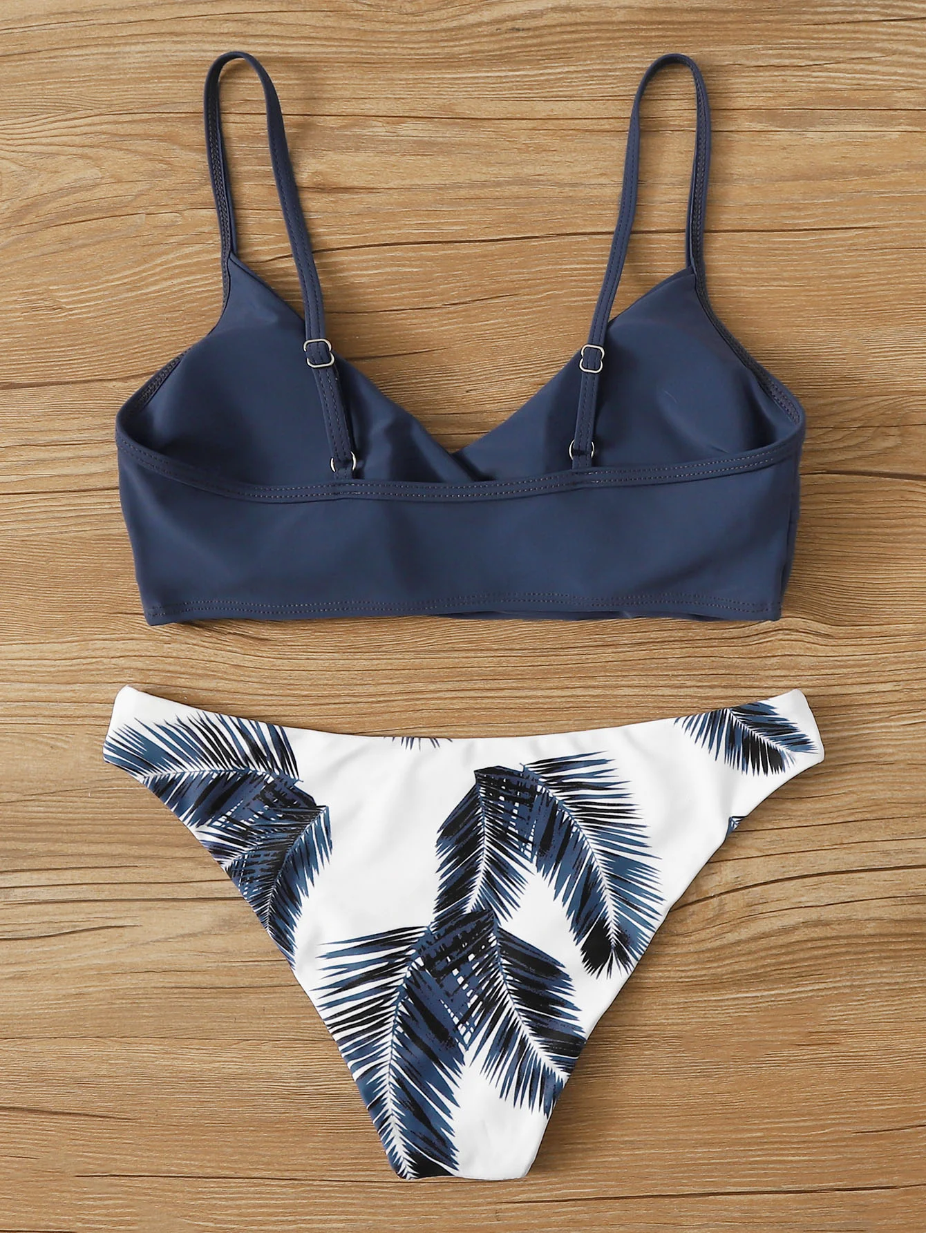 Women's Wrap V Neck Bikini Set - Solid Top & Tropical Palm Print Bottom, Spaghetti Straps High Cut Two Piece Swimsuit for Beach 2