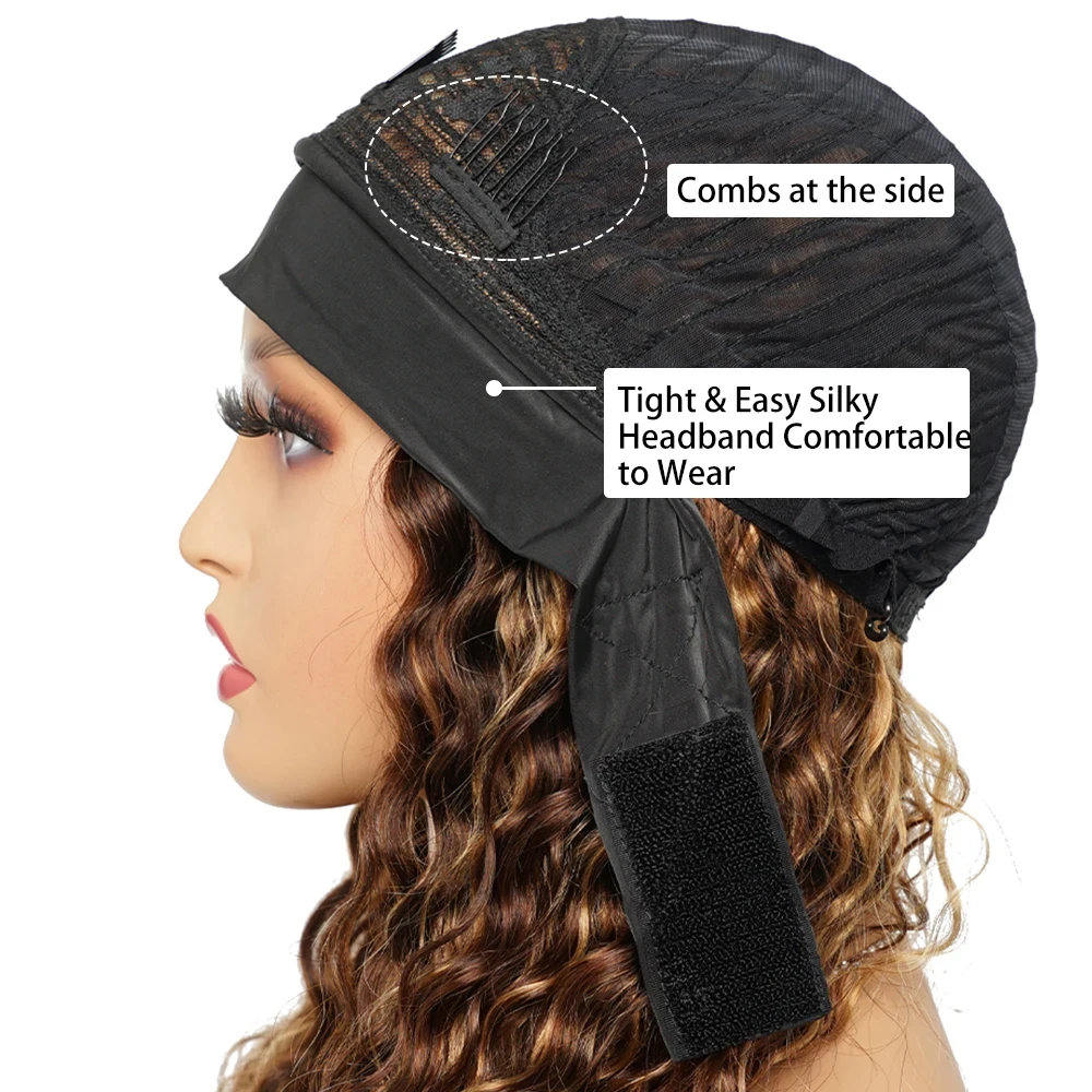 Highlight Headband Wig Human Hair 180 Density Water Wave Human Hair Wigs Honey Blonde Colored Full Machine Made Wig