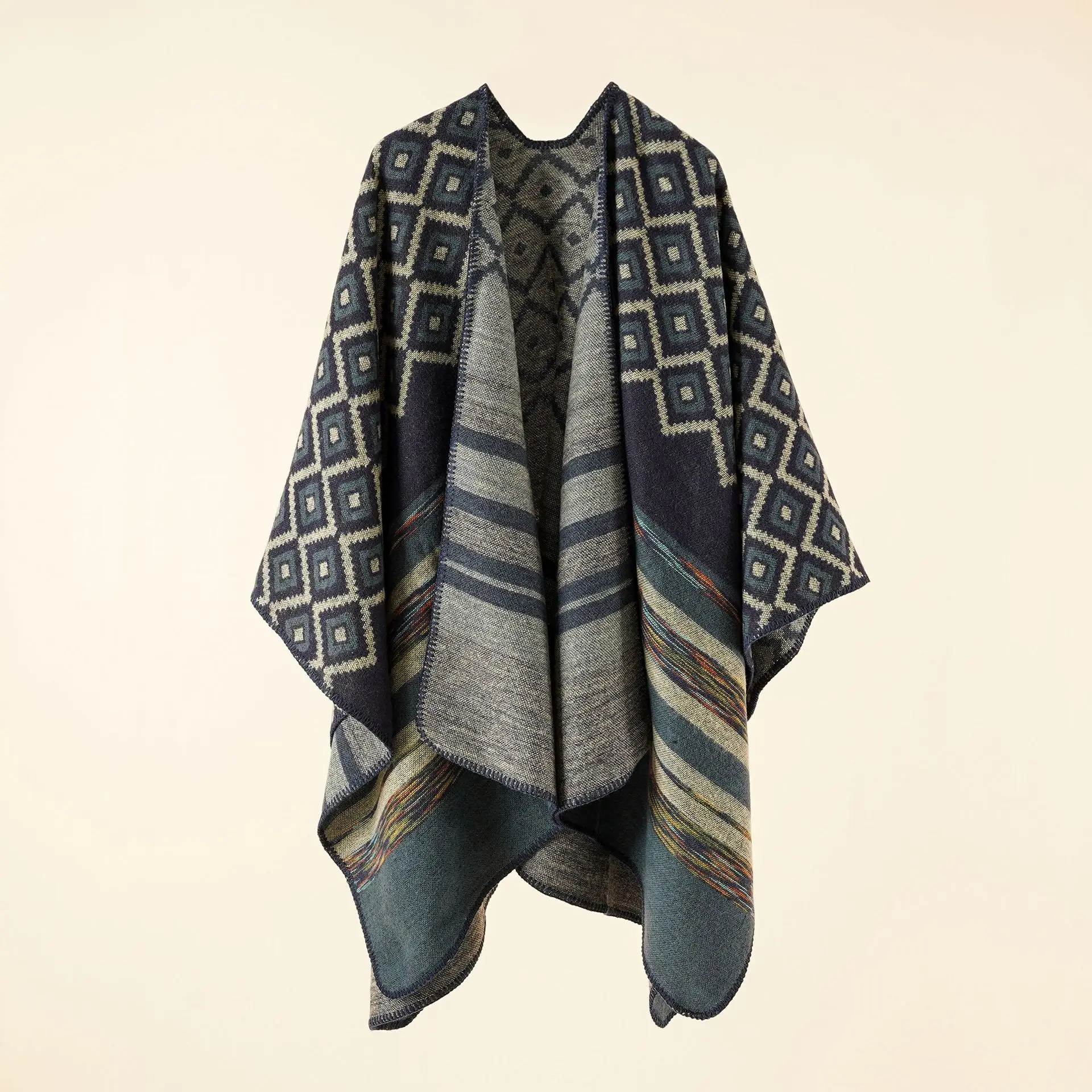 

2022 Autumn Winter New Geometric Stripe Pattern Imitation Cashmere Warm Casual Women Shawl Poncho Capes Lady Coat Navy