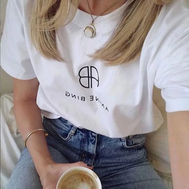 

European And American INS Hot Summer White Short Sleeve T-shirt Women's Simple Letter Print Cotton Casual Loose Top