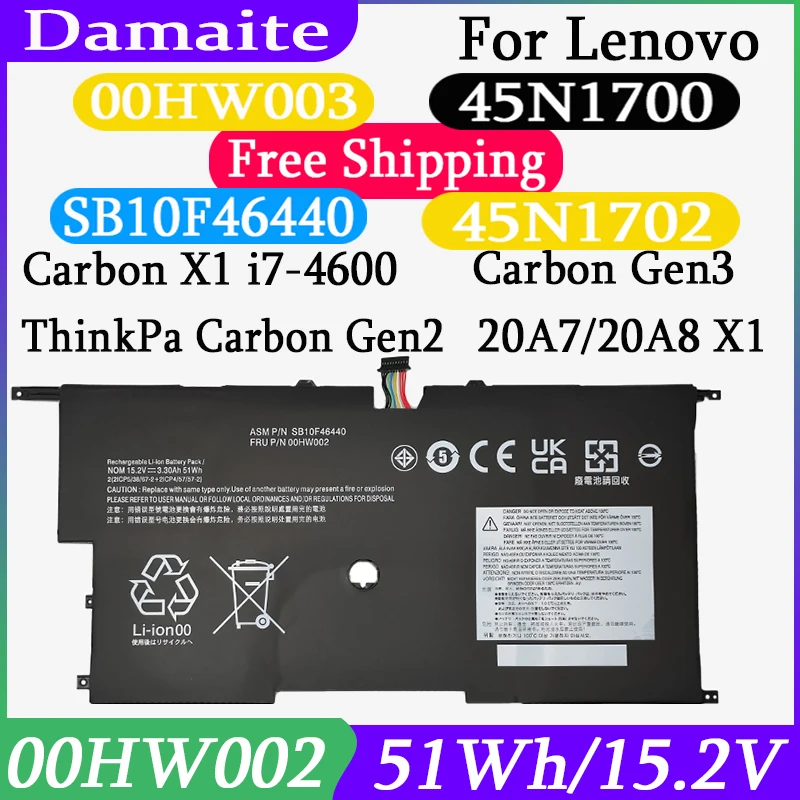 

00HW002 SB10F46440 45N1700 Laptop Battery For Lenovo ThinkPad X1 Carbon Gen3 2015 X1 Carbon 2014 Gen2 45N1701 45N1702 00HW003