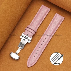 Luxurious Calfskin Litchi Leather Watch Band with Butterfly Buckle - Elegant Strap - 22mm (Pink)