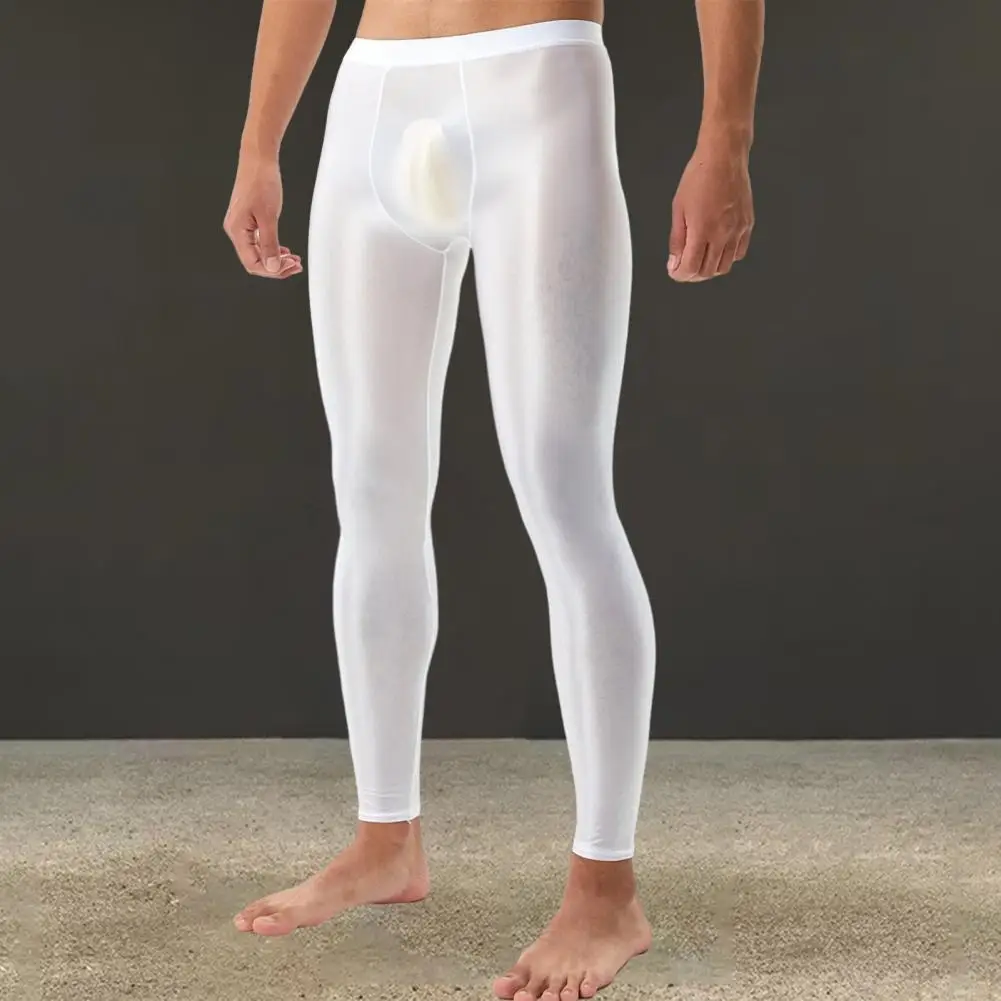Elastic Pants Men\'s Silky Smooth Slim Fit High Elastic Long Johns Leggings with U Convex Bulge Pouch Soft Breathable Mid Waist