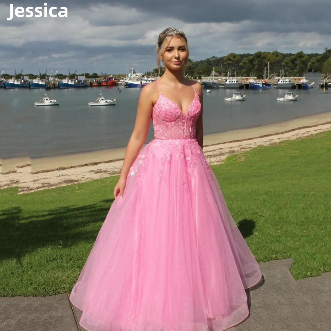 

Jessica Pink Embroidery Prom Dresses Sweet Glitter Tulle Evening Dresses Wedding Dress Formal Party Dresses Vestidos De Noche