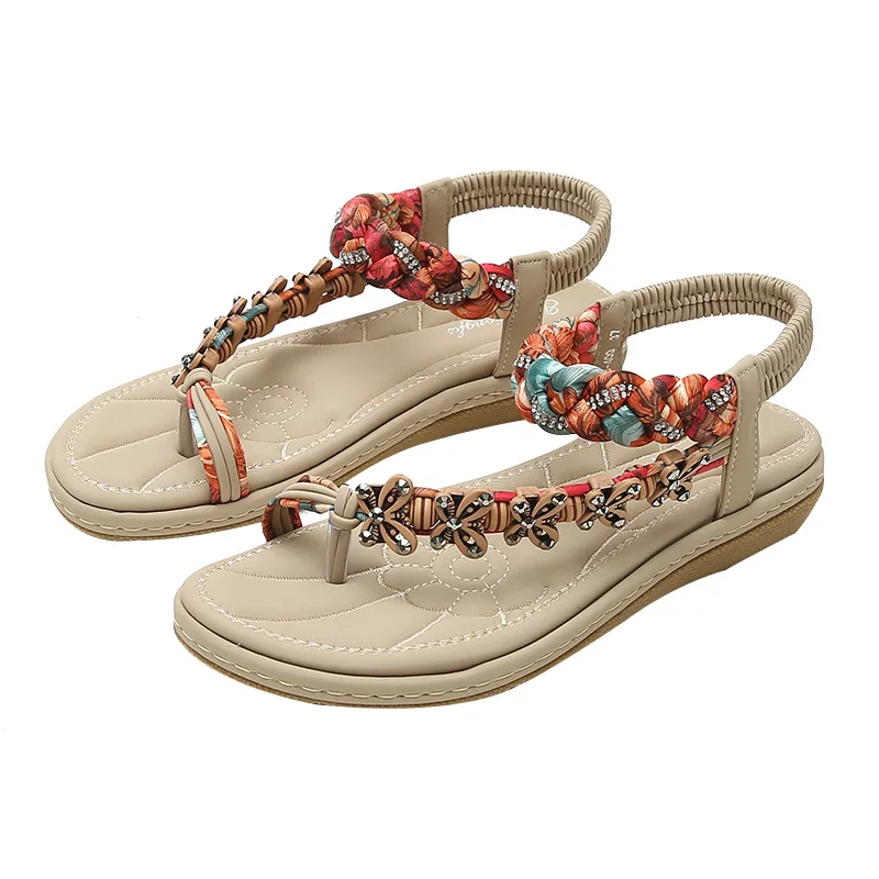 2024 New Boho Plus Size Flat Rhinestone Sequin Braided Sandals Open Toe Beach Sandals Women Shoes