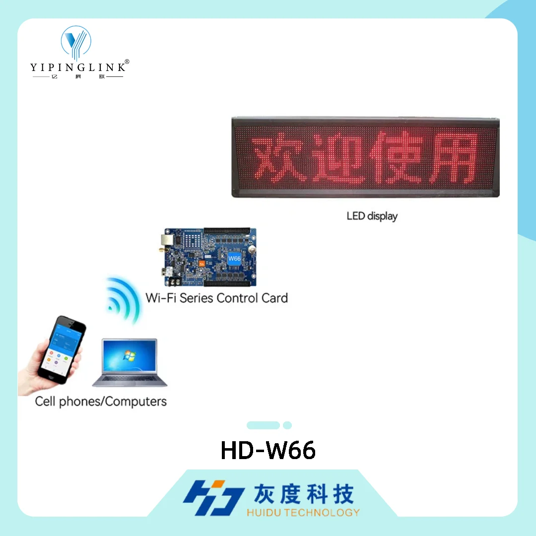 HUIDU HD-W66 단일-이중 색상 LED Wi-Fi 제어 카드 (P6 P8 P10 도어 헤더 매장 간판 LED 디스플레이용)