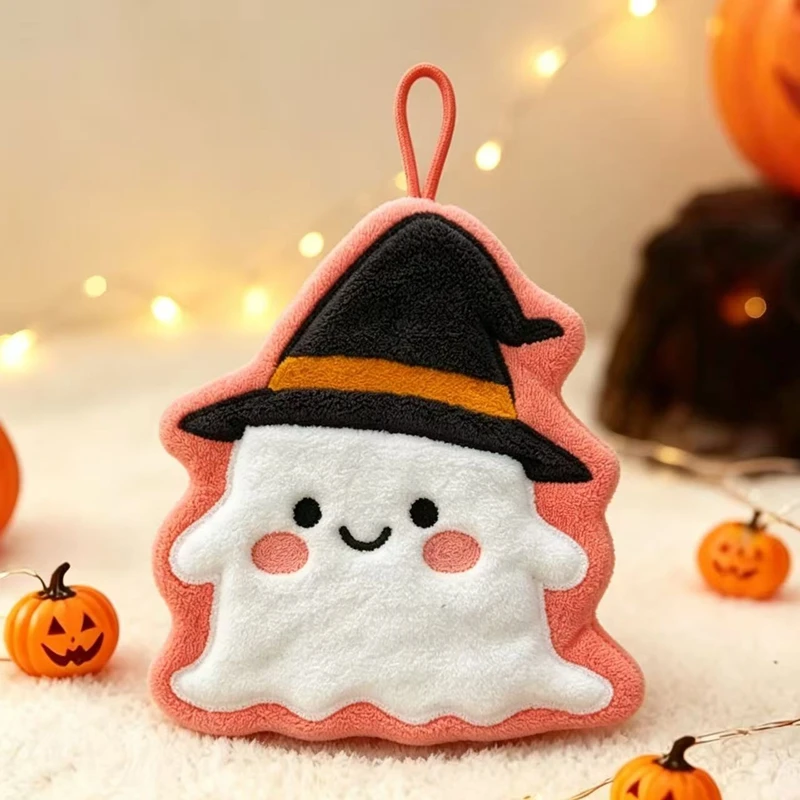 Black Cat Cartoon Hand Towel - Soft & Absorbent Coral Fleece for Kids - Halloween Pumpkin Design for Bathroom & Kitchen Use