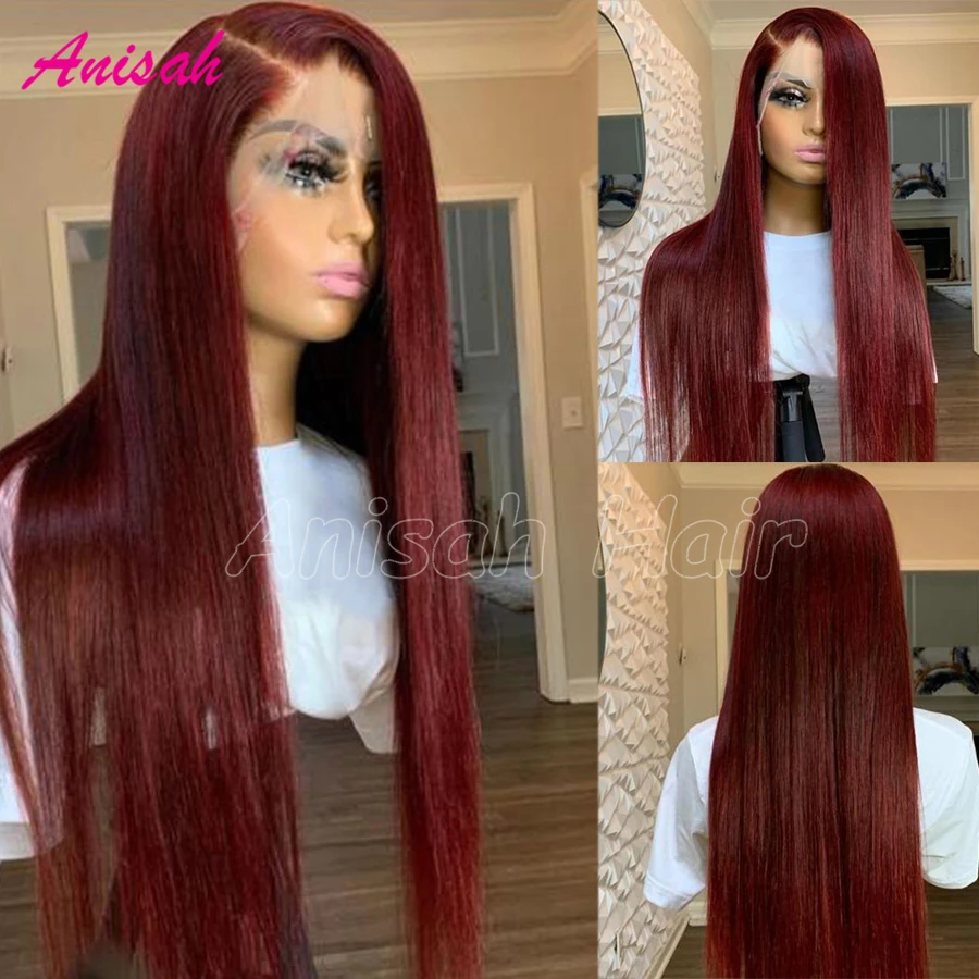 

Glueless Wigs Human Hair Ready to Wear 13x4 Preplucked Brazilian 99j Burgundy HD Transparent Straight Lace Front Human Hair Wigs