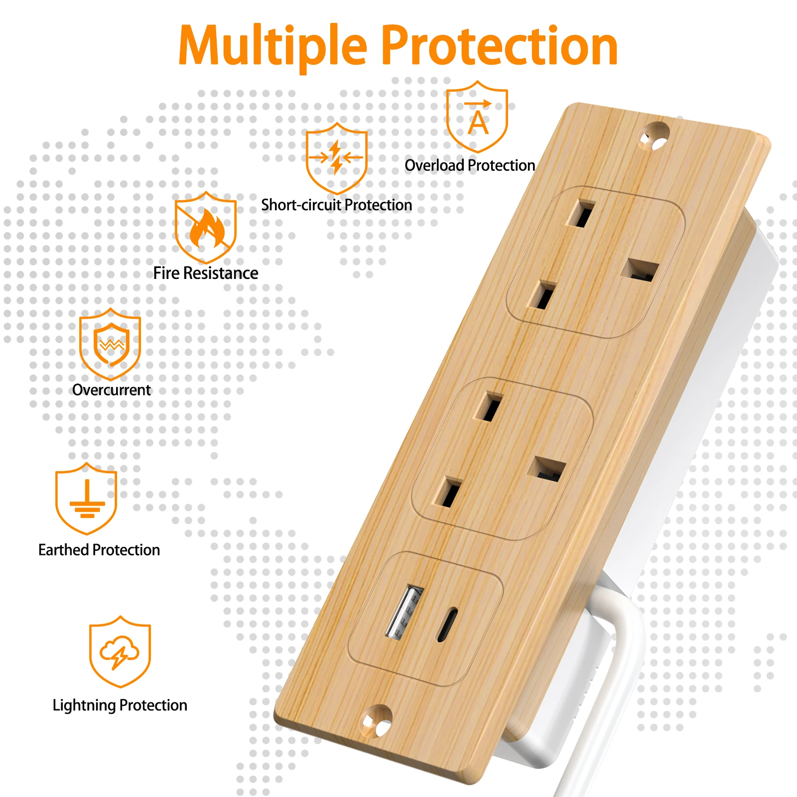 UK Plug Embedded Desktop Socket with USB-A and USB-C PD20W Fast Charging, 2-Meter Extension Cable, Enhanced Safety Features
