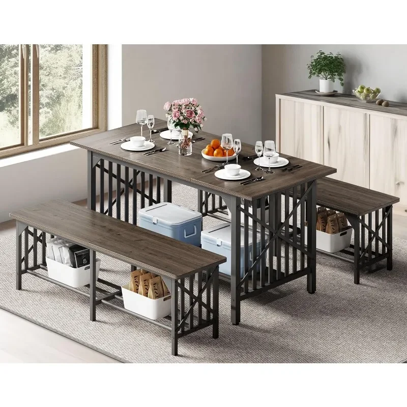 

3-Piece Dining Table Set for 4-6 People, 63" Dining Room Table with 2 Benches, Industrial Rectangular Dining Room