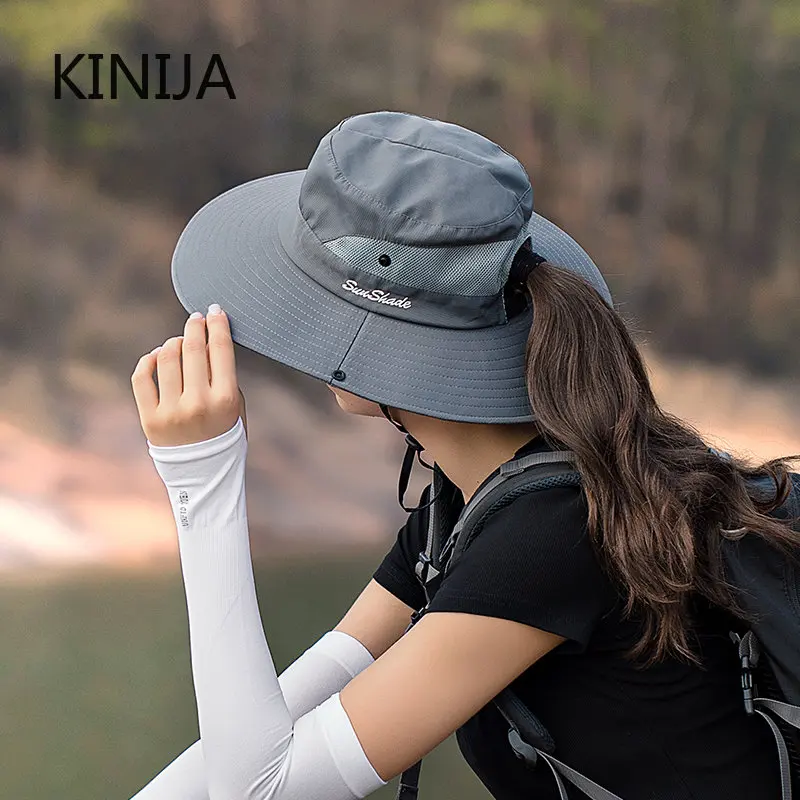 Women Ponytail Fisherman Hat Waterproof Sun Cap Pure Color Outdoor Travel  Fishing Climbing Hiking Large Brim Bucket Hat Fashion - AliExpress