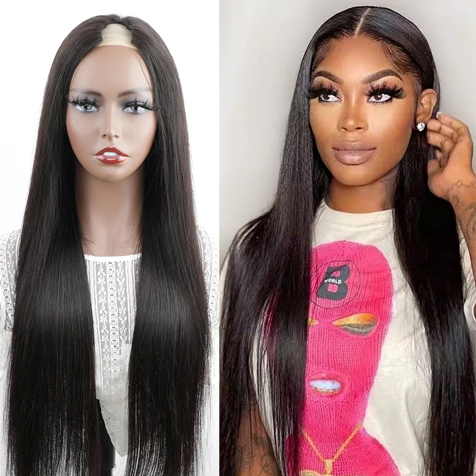 30 34 Inch V Part Wig Bone Straight Wear Go Glueless Wig Upgrade U Part Wig 300% Full Human Hair Half Wigs on Clearance Sale