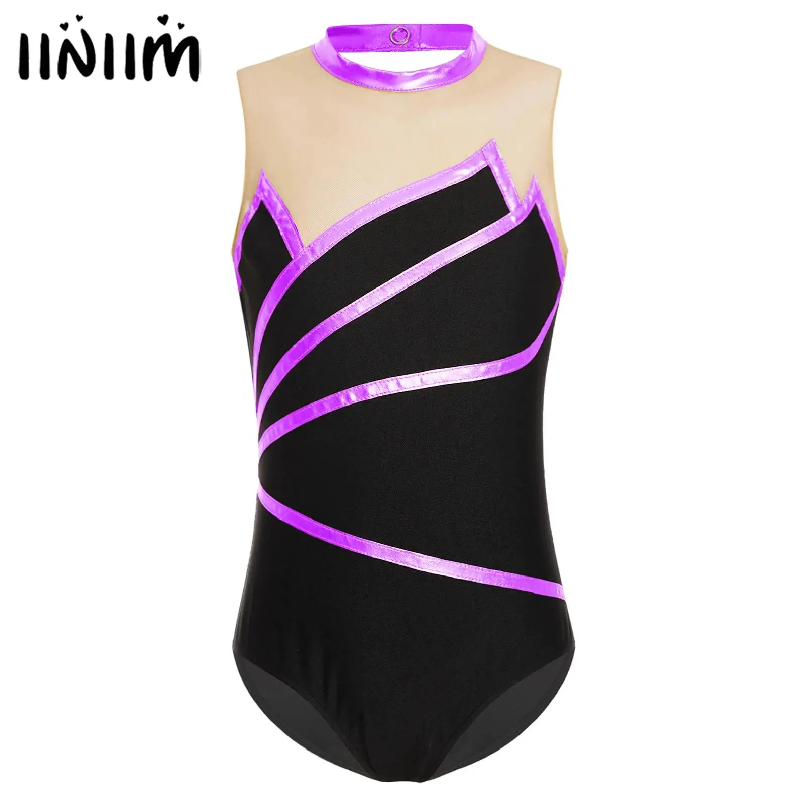 

Kids Girls Metallic Striped Ballet Jumpsuit Gymnastics Leotard Figure Skating Dance Costume Sheer Mesh Bodysuit Dancewear