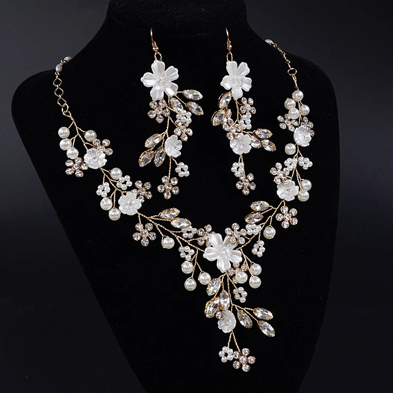 Bridal Jewelry Set Wedding Rhinestones Floral Pearls Necklace Earrings Jewelry Set Dangle Earrings Adjustable Set Elegance Party Jewelry For Women