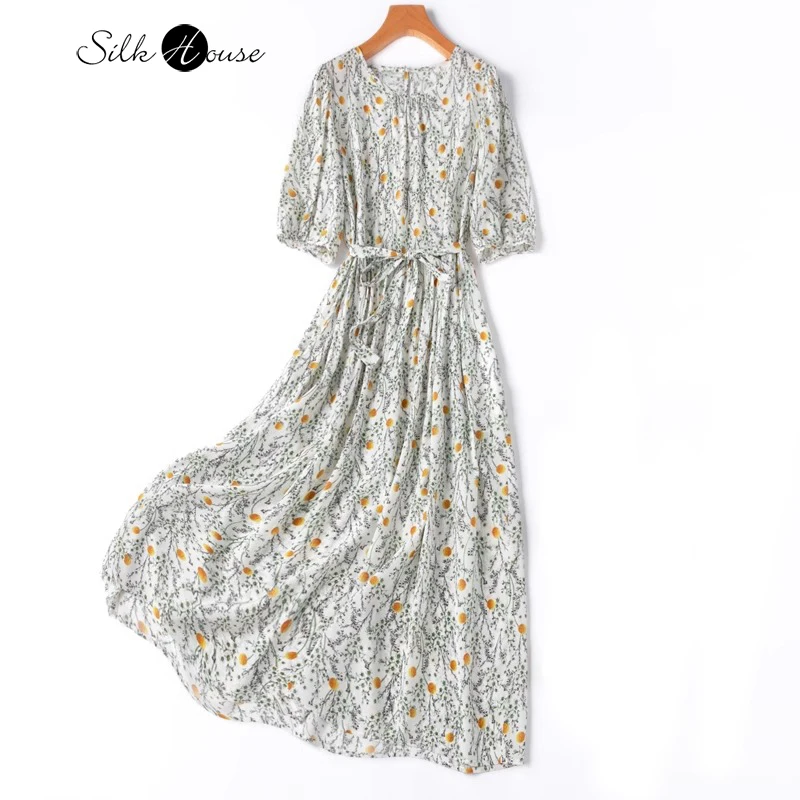 

2024 Women's Fashion Vacation Style Summer New 93%Natural Silk Elastic Crepe De Chine Printing Round Neck Mid Sleeved Dress