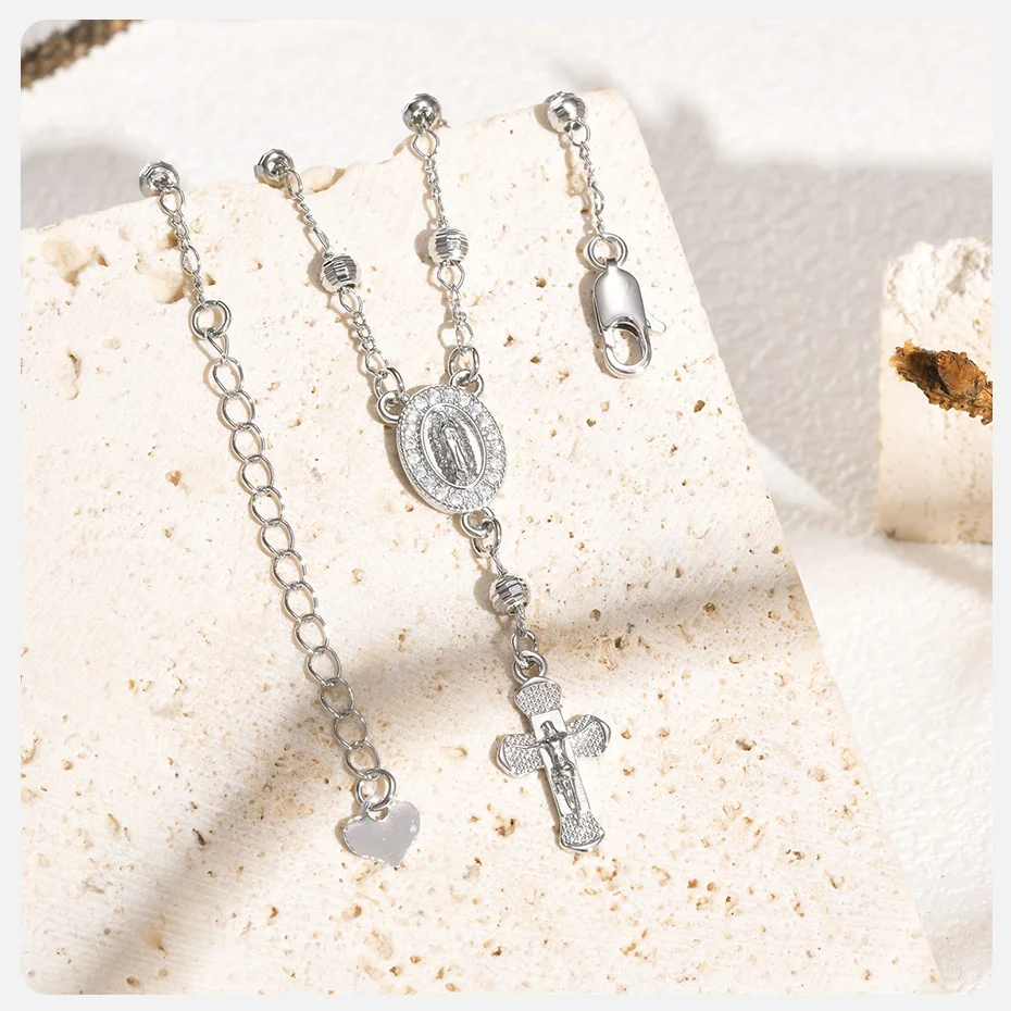 Vnox Jungfrau Maria Armbänder für Frauen, weiß vergoldetes Jesus Christus Charm Kreuz Anhänger Armband, Religon Glaube Kirche Schmuck – Detail 12