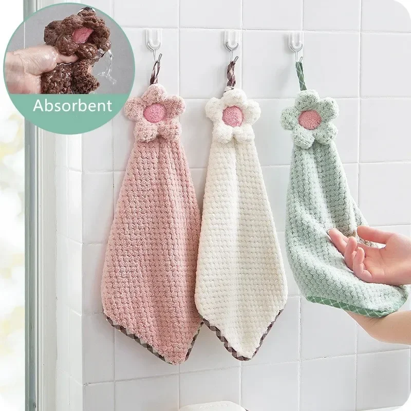 Hangable Coral Fleece Absorbent Flower Soft Hand Towels Kitchen Bathroom Cleaning Towels