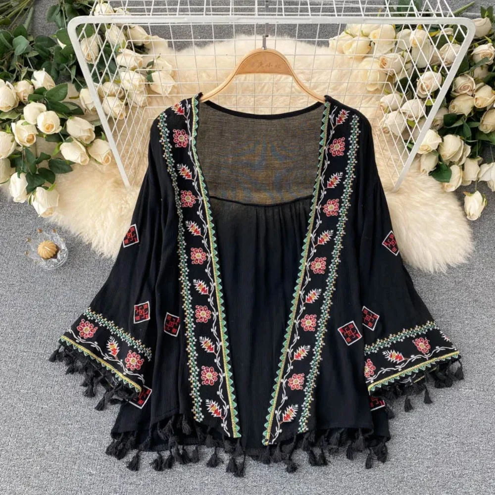 Sexy Boho Tassel Embroidery Sheer Loose Beach Cover Up Casual Cover-ups Vacation Beach Dress Beach Wear Beachwear Female Women 2