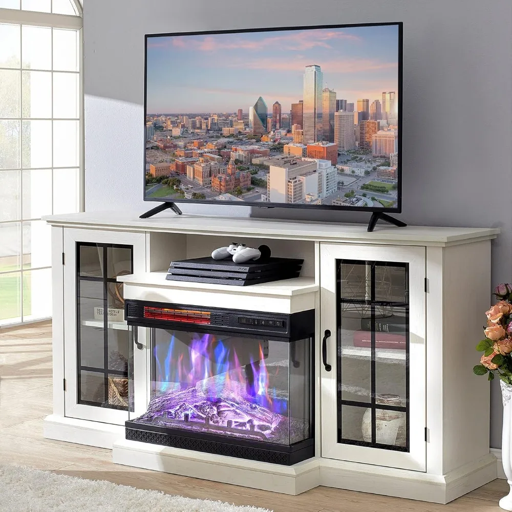 3-Sided Glass Fireplace TV Stand for TVs up to65''with12Color,Media Entertainment Center Console Table with Doors Closed Storage 5