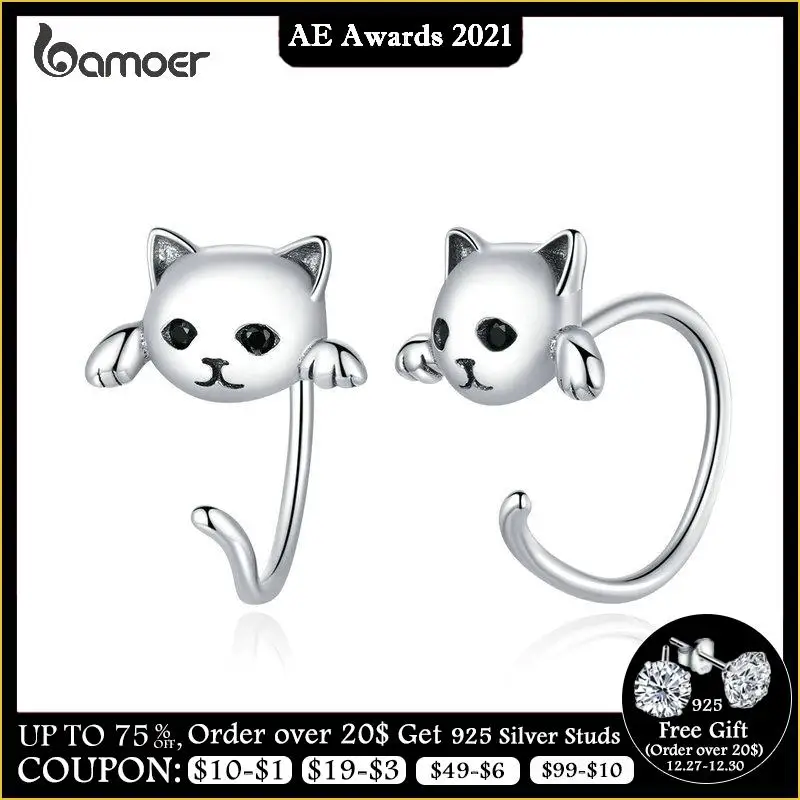 bamoer Genuine 925 Sterling Silver Minimalist Cute Tail Stud Earrings for Women Animal Fashion Jewelry Orecchini SCE965