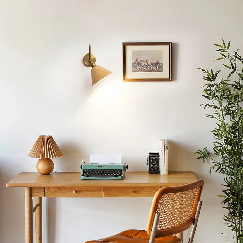 Vintage Rotating Wall Light Dressing Table Mirror Front Light Bedroom Bedhead Reading Wall Vintage Homestay Wooden LED