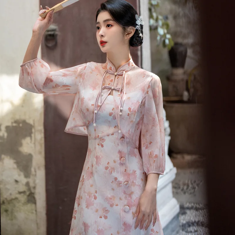 

New Summer Two-piece Missy Dress Chinese Style Dress Double Irregular Suspender Dress + Small Shawl Improved Cheongsam