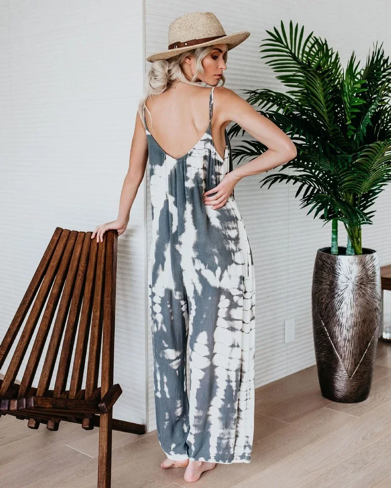 Summer Loose Sling Tie Dye Printed Jumpsuits Women 2024 Fashion Casual Folds High Waist Wide Leg Rompers Boho Streetwear Female