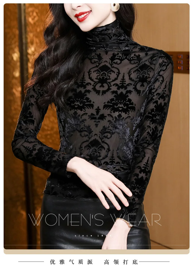 High Collar T Shirt - Korean Fashion Floral Mesh Long Sleeve Tees For Women