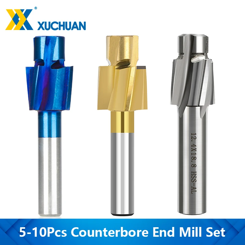 

5Pcs HSS Counterbore End Mill M3-M12 6-12mm Shank Pilot Slotting Tool Drill Bit for Metal Countersink Mould End Mill