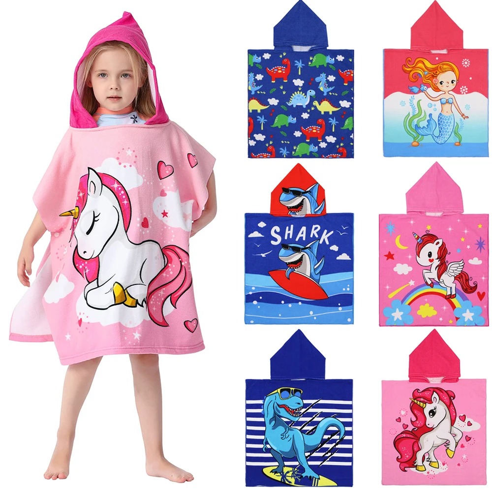 Bath Towel Baby Cartoon Printing Girls Unicorn Boys Shark Dinosaur Kids Hooded Cape