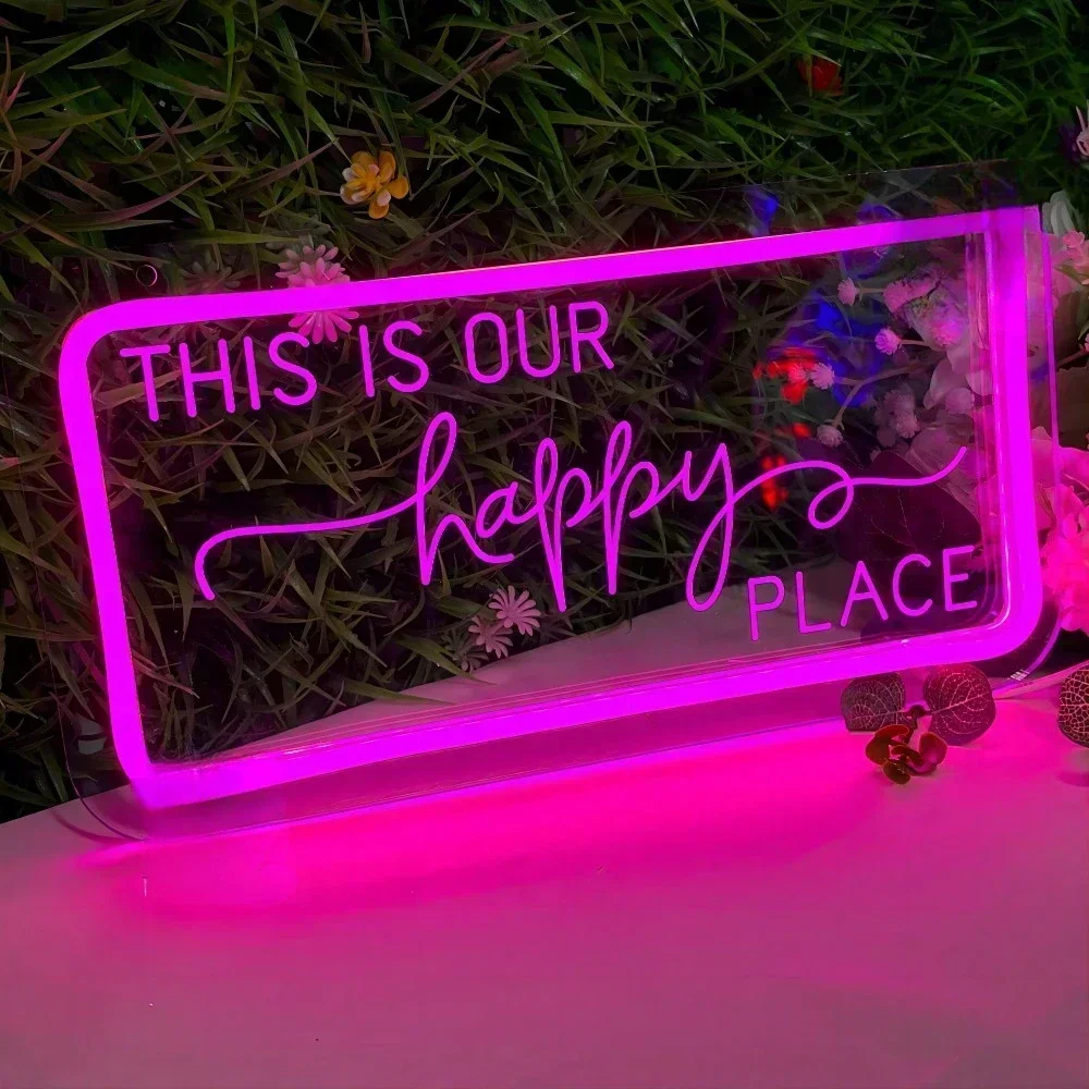 

This Is Our Happy Place Neon Sign Carve Personalization LED Lights For Home Decoration Neon On The Walls Support Customized