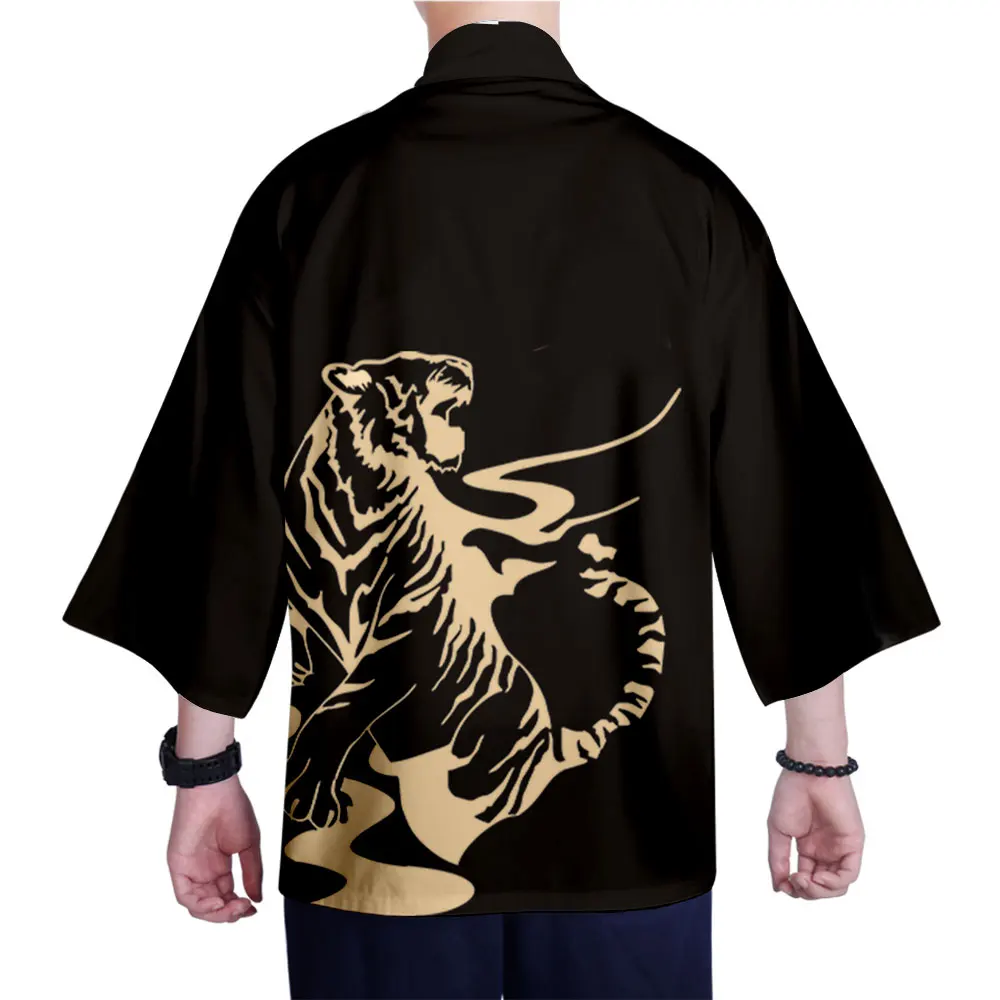 

Cool Black 3D Tiger Print Loose Japanese Streetwear Cardigan Men Women Harajuku Animal Kimono Cosplay Tops Shirts Yukata