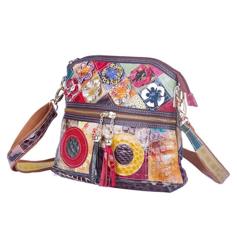 

Vintage Women Crossbody Bag Ladies Genuine Cow Leather Stitching Shoulder Bags Colorful Flowers Casual Ethnic Style Purse