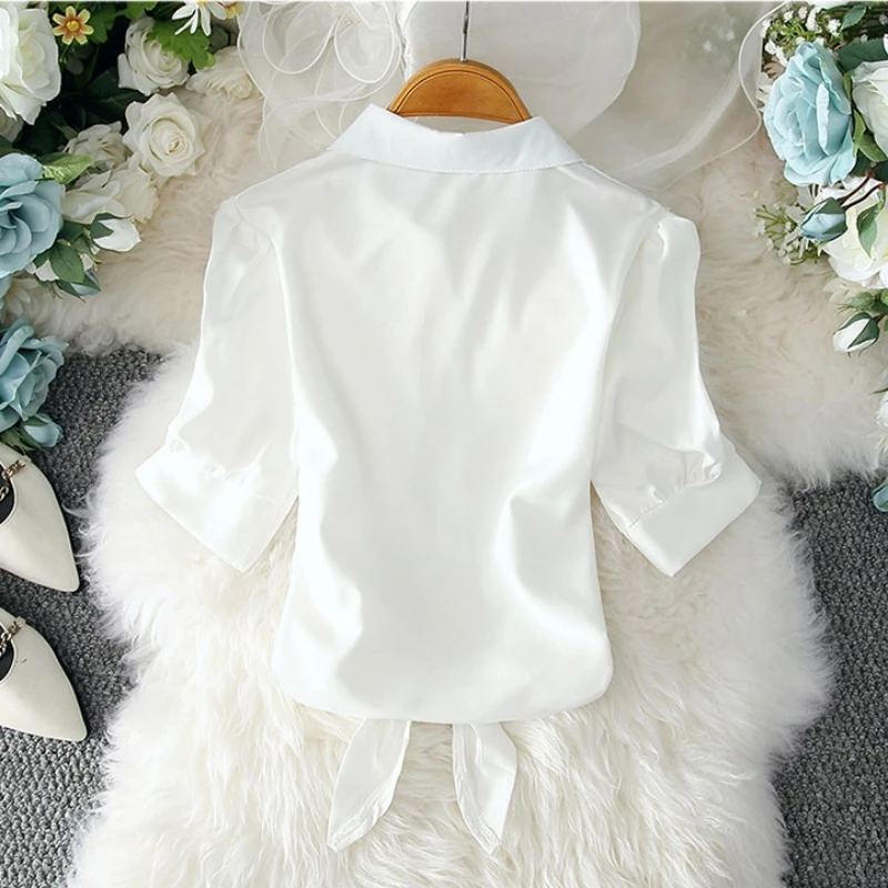 White Casual Half Sleeve Women Blouse
