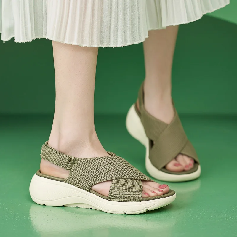 Women's Sandals Summer 2024 Casual Non-Slip Canvas Comfort MD Platform Wedge High Heels Open Toe Elegant Shoes Woman Beach Party