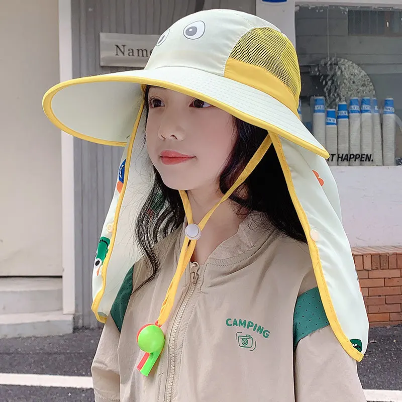 Sun Hats For Boys Girls Children Summer Outdoor Sunscreen Wide Brim Bucket Hat With Shawl Sunshade Cartoon Fisherman Cap Kids