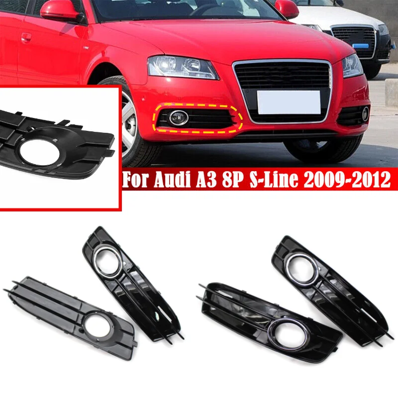 

2x Chrome/Black Car Front Fog Light Grille Cover For Audi A3 8P S-Line 2009-2012 8P0807682 8P0807681 Fog Lamp Hex Mesh Grill