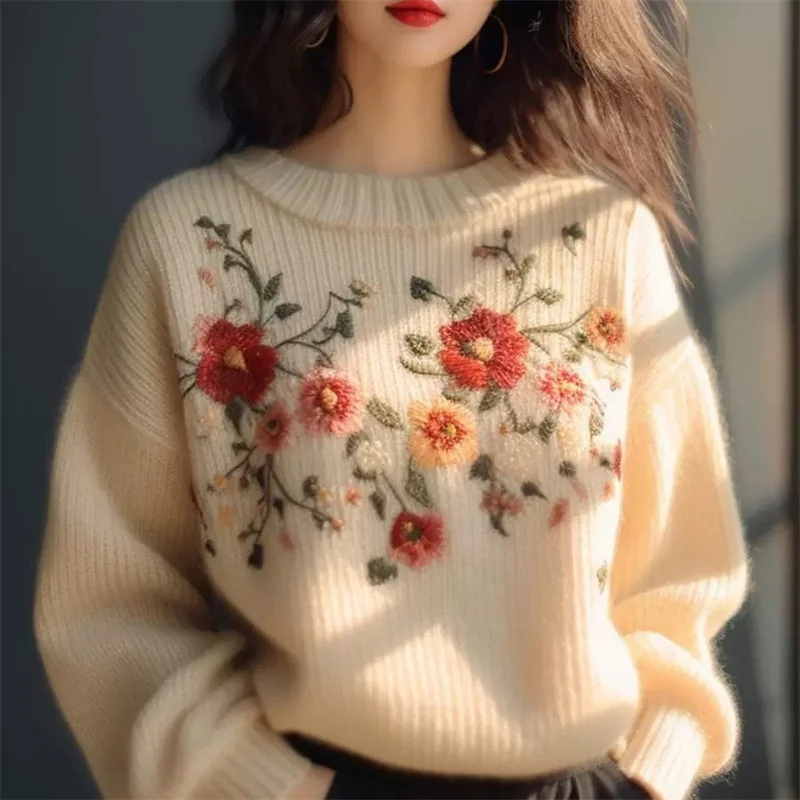 

Женский винтажный кашемировый свитер с цветочной вышивкой, новый модный свободный женский элегантный вязаный пуловер с круглым вырезом на осень и зиму, T872