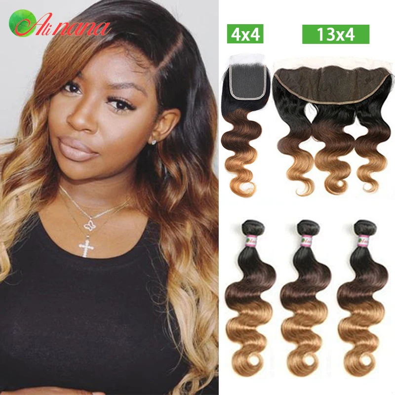 

Ombre Blonde 1B/4/27 Body Wave Bundles with Closure Peruvian Hair Bundles with Closure Remy 100% Human Hair Bundles with Frontal