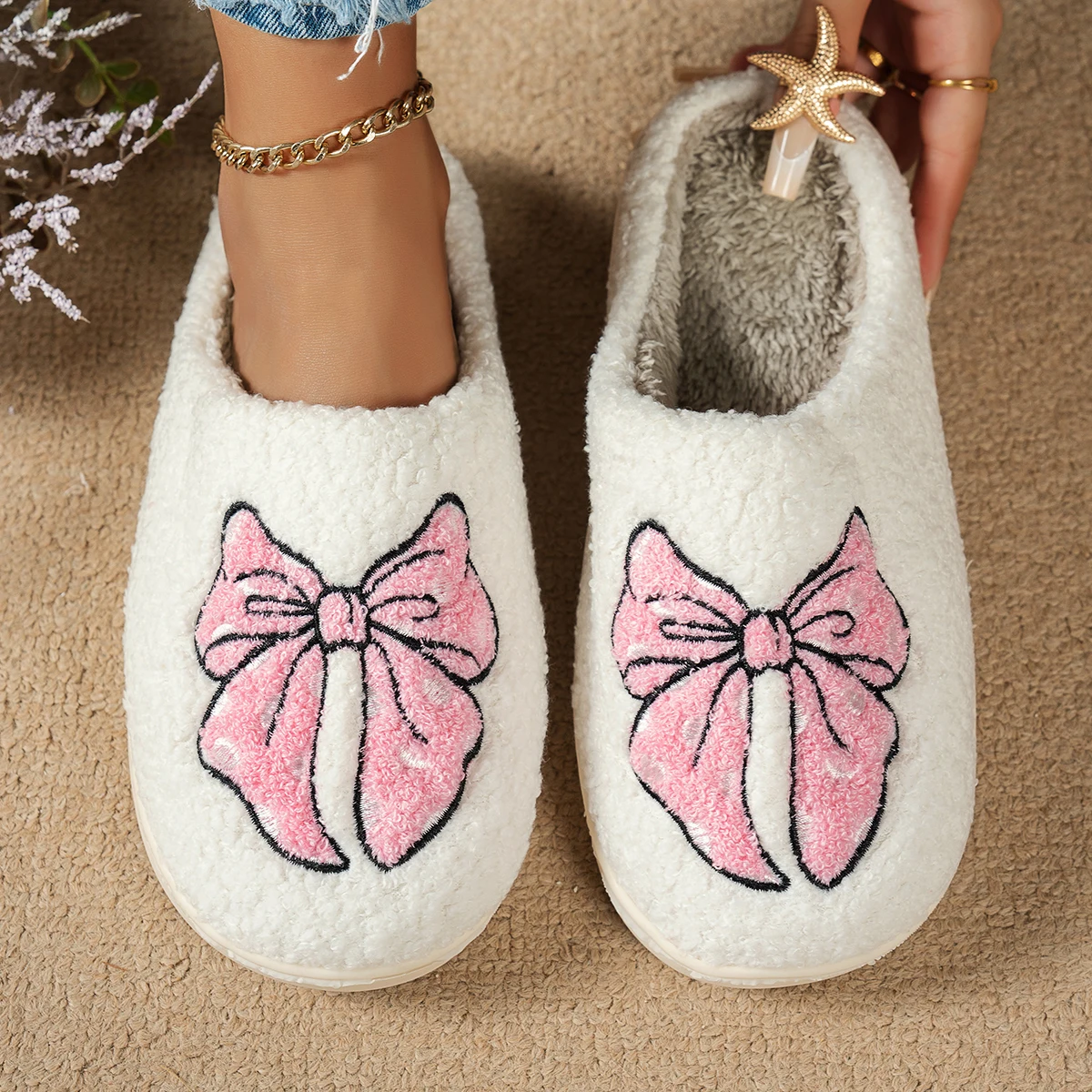 لطيف القوس المرأة نعال تدفئة مريح موضة الشتاء داخل...